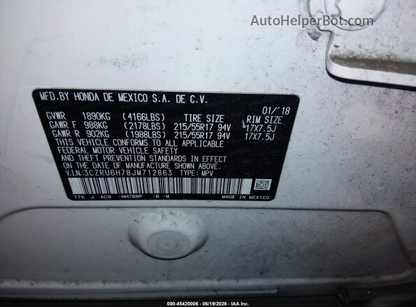 3CZRU6H78JM712863 2018 HONDA HR-V White Вид підкапотного простору
