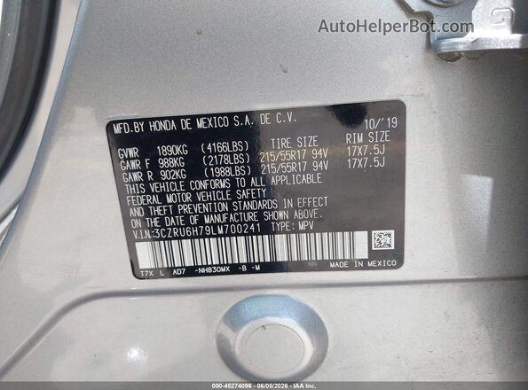 3CZRU6H79LM700241 2020 HONDA HR-V Silver Շարժիչի բաժամունքի տեսք