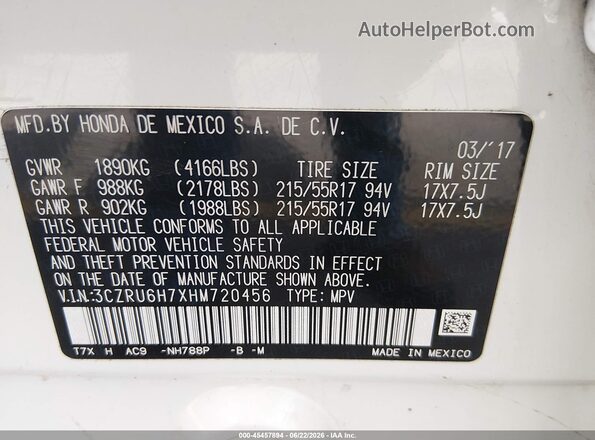 3CZRU6H7XHM720456 2017 HONDA HR-V White Engine compartment view