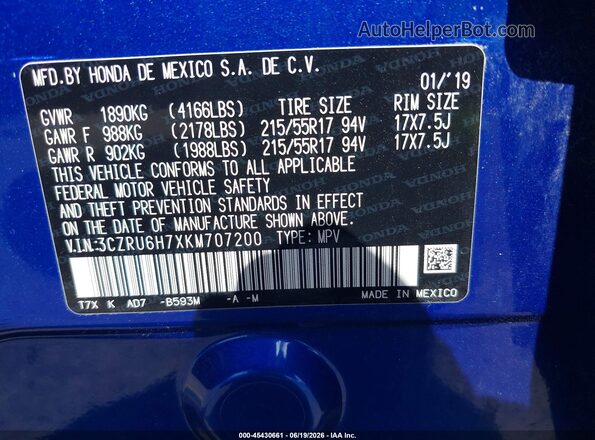 3CZRU6H7XKM707200 2019 HONDA HR-V Blue Շարժիչի բաժամունքի տեսք