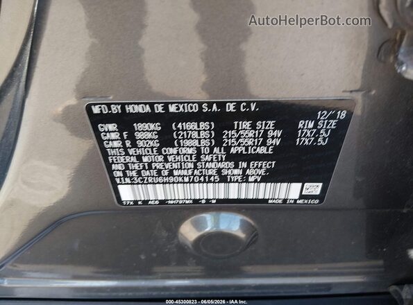 3CZRU6H90KM704145 2019 HONDA HR-V Gray ძრავის განყოფილების ხედი