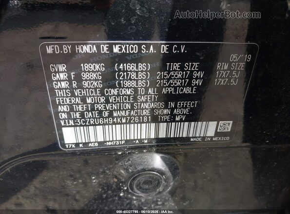 3CZRU6H94KM726181 2019 HONDA HR-V Black Vista del compartimento del motor