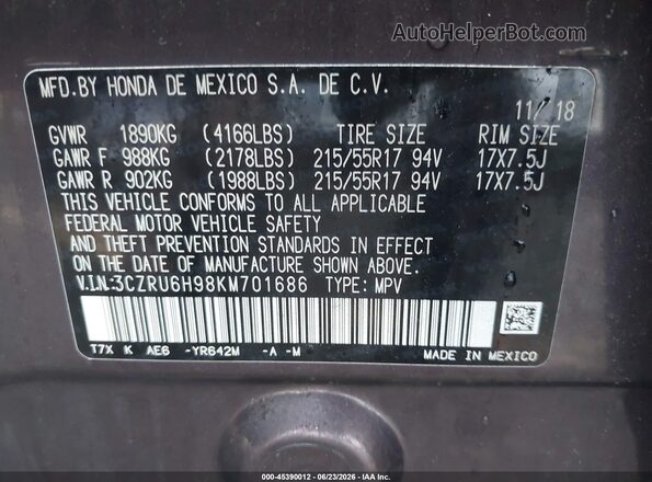 3CZRU6H98KM701686 2019 HONDA HR-V Purple Вид підкапотного простору