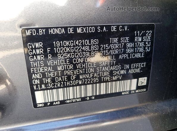 3CZRZ1H30PM722295 2023 HONDA HR-V Charcoal Vista de la etiqueta del VIN
