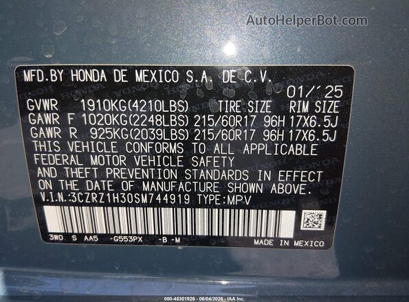 3CZRZ1H30SM744919 2025 HONDA HR-V Blue Շարժիչի բաժամունքի տեսք