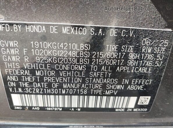 3CZRZ1H30TM707158 2026 HONDA HR-V Gray Engine compartment view