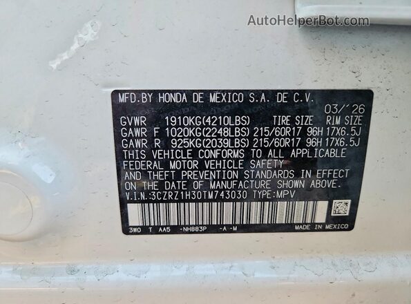 3CZRZ1H30TM743030 2026 HONDA HR-V White VIN կոդի պիտակի տեսք