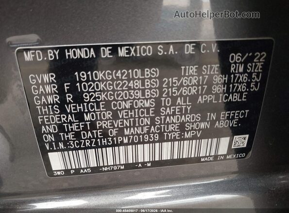 3CZRZ1H31PM701939 2023 HONDA HR-V Gray Vista del compartimento del motor