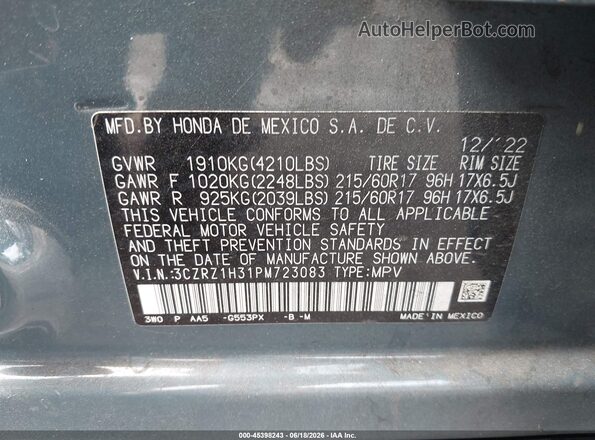 3CZRZ1H31PM723083 2023 HONDA HR-V Blue Вид підкапотного простору