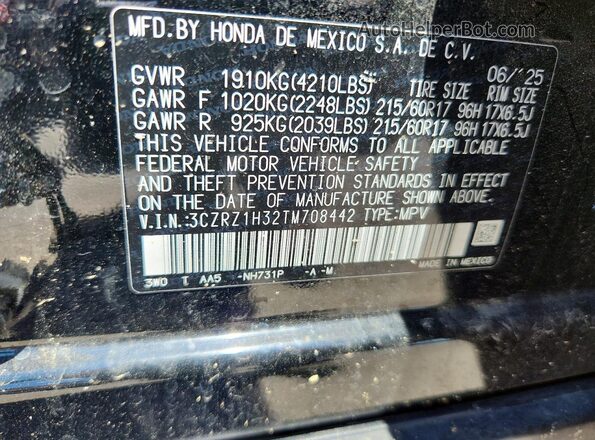 3CZRZ1H32TM708442 2026 HONDA HR-V Black Widok naklejki z numerem VIN