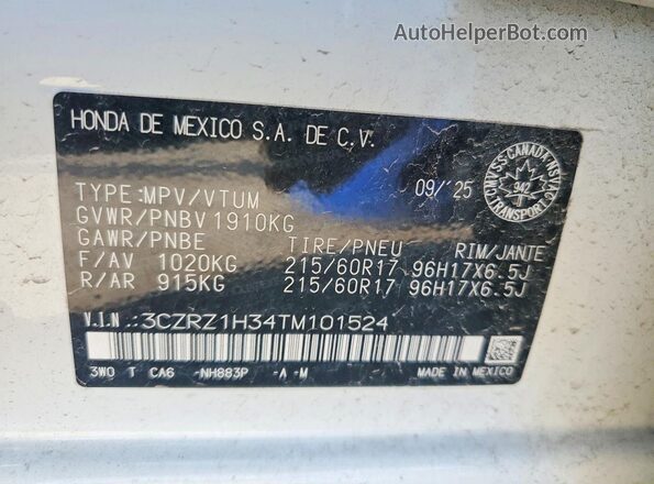 3CZRZ1H34TM101524 2026 HONDA HR-V White VIN կոդի պիտակի տեսք