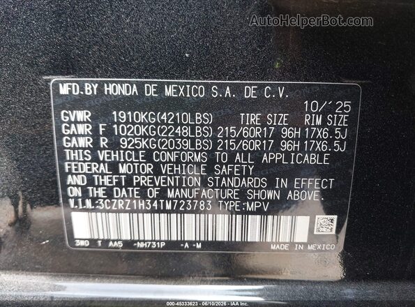 3CZRZ1H34TM723783 2026 HONDA HR-V Black Engine compartment view