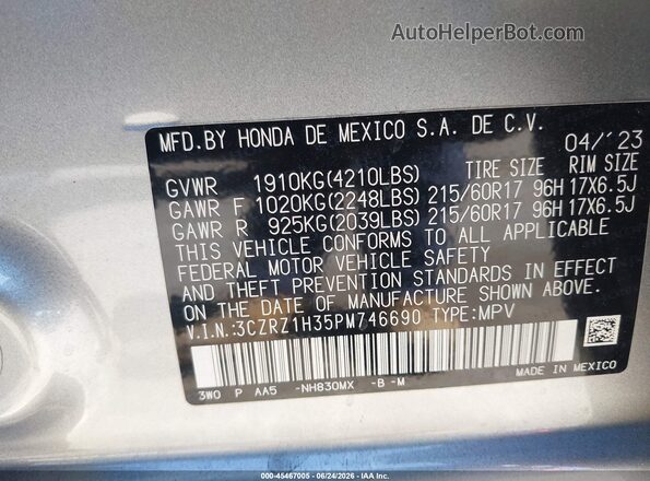 3CZRZ1H35PM746690 2023 HONDA HR-V Silver Вид підкапотного простору