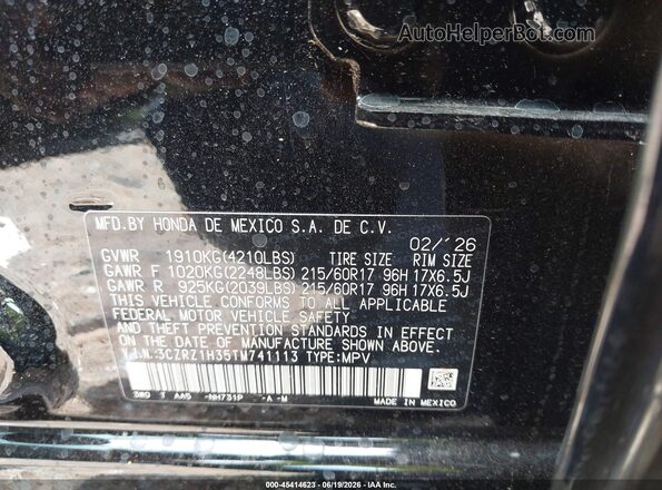 3CZRZ1H35TM741113 2026 HONDA HR-V Black Vista del compartimento del motor
