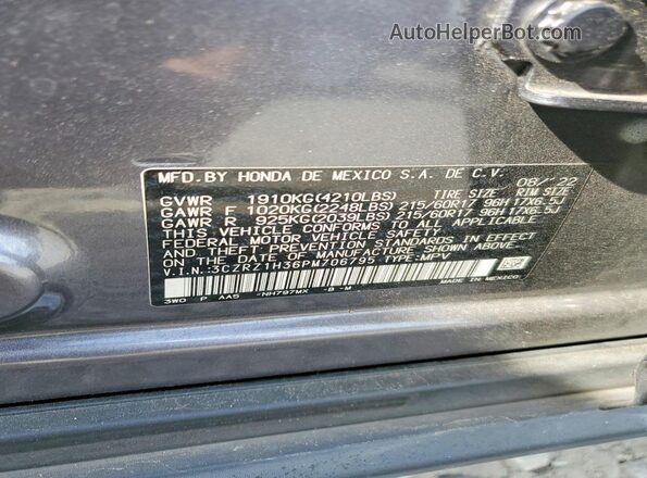 3CZRZ1H36PM706795 2023 HONDA HR-V Gray VIN կոդի պիտակի տեսք