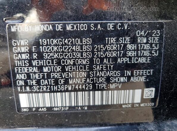 3CZRZ1H36PM744429 2023 HONDA HR-V Black VIN sticker view