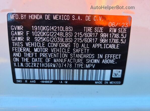3CZRZ1H36RM707478 2024 HONDA HR-V White VIN კოდის სტიკერის ხედი