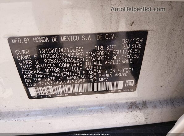 3CZRZ1H36SM720950 2025 HONDA HR-V White Widok komory silnika