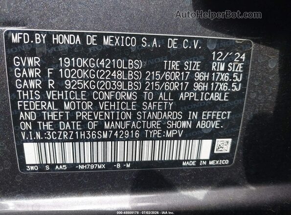 3CZRZ1H36SM742916 2025 HONDA HR-V Gray ძრავის განყოფილების ხედი