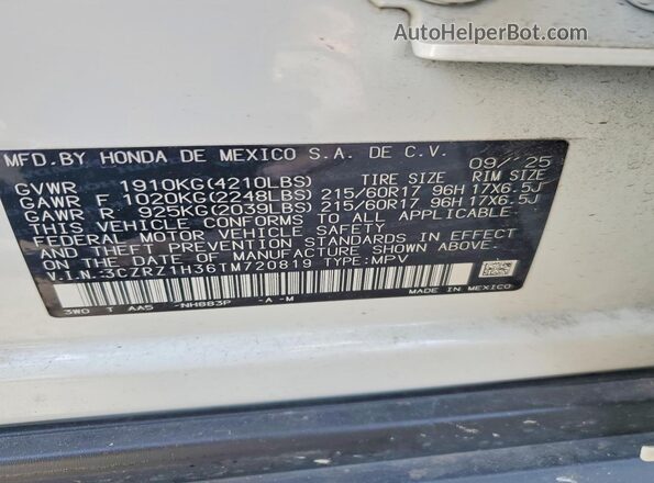 3CZRZ1H36TM720819 2026 HONDA HR-V White 