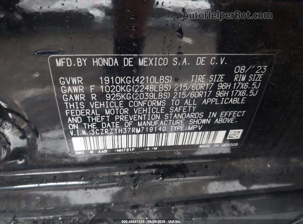3CZRZ1H37RM719140 2024 HONDA HR-V Black Engine compartment view