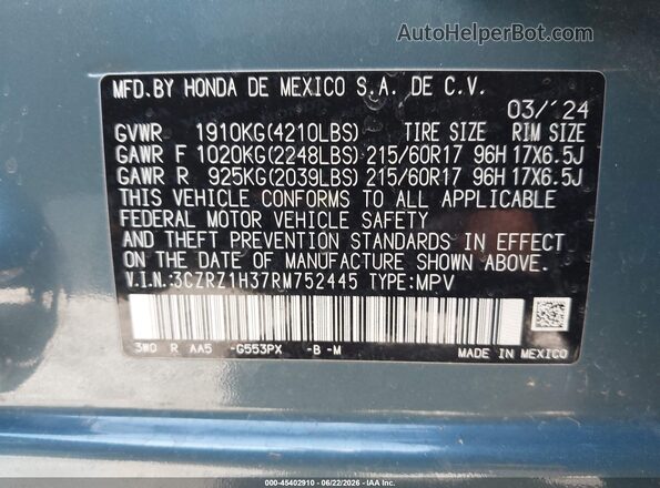 3CZRZ1H37RM752445 2024 HONDA HR-V Blue Engine compartment view