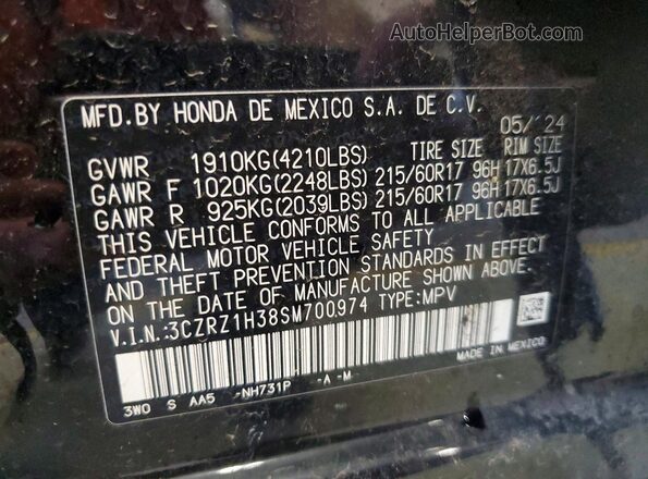 3CZRZ1H38SM700974 2025 HONDA HR-V Black VIN կոդի պիտակի տեսք