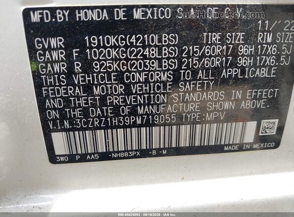 3CZRZ1H39PM719055 2023 HONDA HR-V White Vista del compartimento del motor