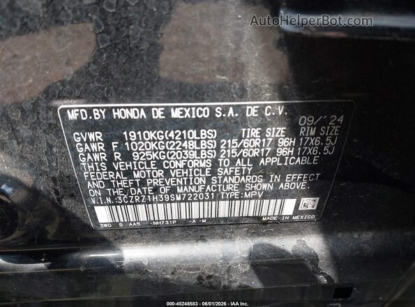 3CZRZ1H39SM722031 2025 HONDA HR-V Black Вид підкапотного простору