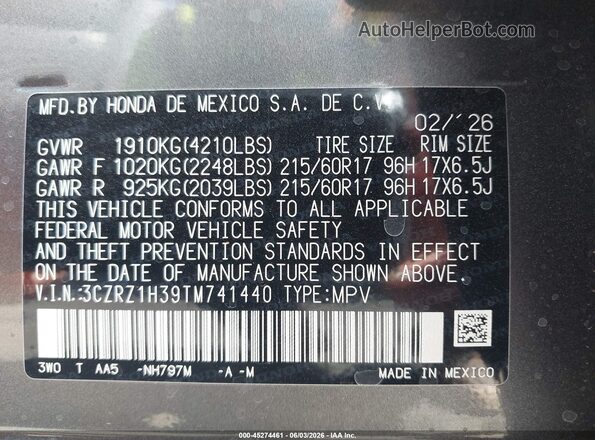 3CZRZ1H39TM741440 2026 HONDA HR-V Gray Շարժիչի բաժամունքի տեսք