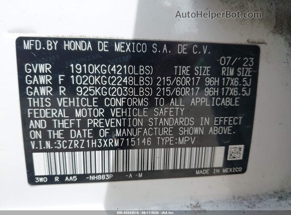 3CZRZ1H3XRM715146 2024 HONDA HR-V White Engine compartment view