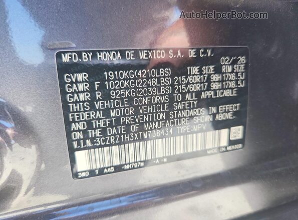 3CZRZ1H3XTM738434 2026 HONDA HR-V Gray VIN კოდის სტიკერის ხედი