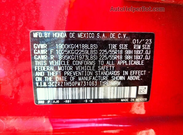 3CZRZ1H50PM731063 2023 HONDA HR-V Red VIN sticker view