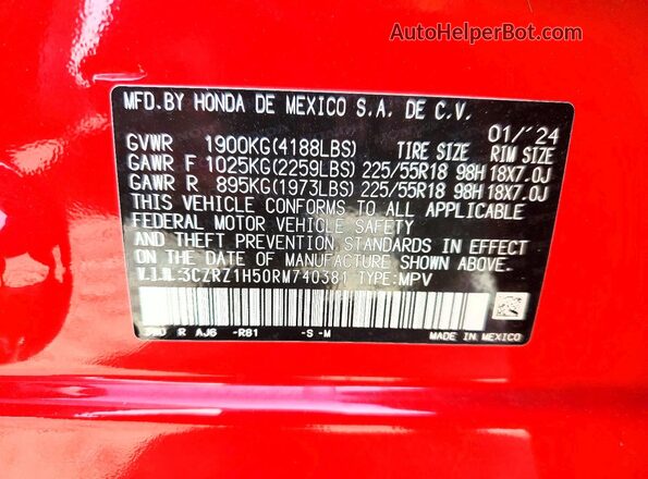 3CZRZ1H50RM740381 2024 HONDA HR-V Red Панорамний вид салону 360°