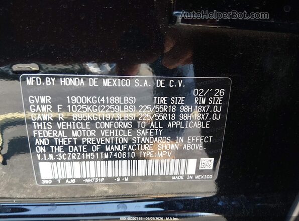 3CZRZ1H51TM740610 2026 HONDA HR-V Black ძრავის განყოფილების ხედი