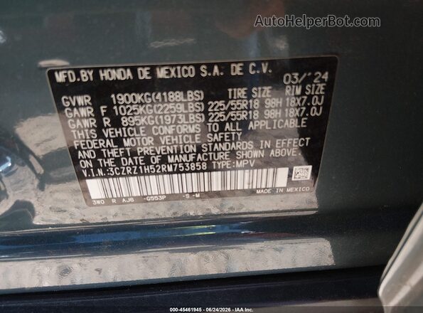 3CZRZ1H52RM753858 2024 HONDA HR-V Teal Engine compartment view