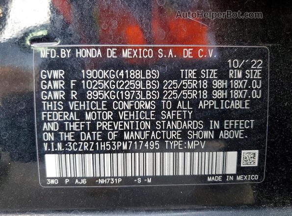 3CZRZ1H53PM717495 2023 HONDA HR-V Black VIN կոդի պիտակի տեսք
