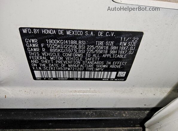 3CZRZ1H53PM721207 2023 HONDA HR-V White VIN sticker view