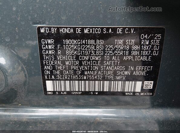 3CZRZ1H53SM755432 2025 HONDA HR-V Blue Vista del compartimento del motor