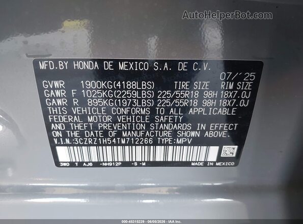 3CZRZ1H54TM712266 2026 HONDA HR-V Gray ძრავის განყოფილების ხედი