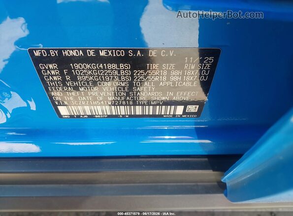 3CZRZ1H54TM727818 2026 HONDA HR-V Blue Engine compartment view