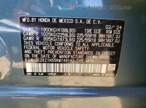 3CZRZ1H55RM749142 2024 HONDA HR-V Blue 