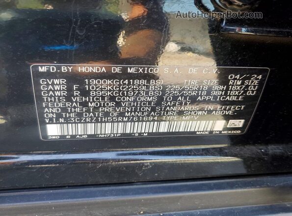 3CZRZ1H55RM761694 2024 HONDA HR-V Black VIN կոդի պիտակի տեսք
