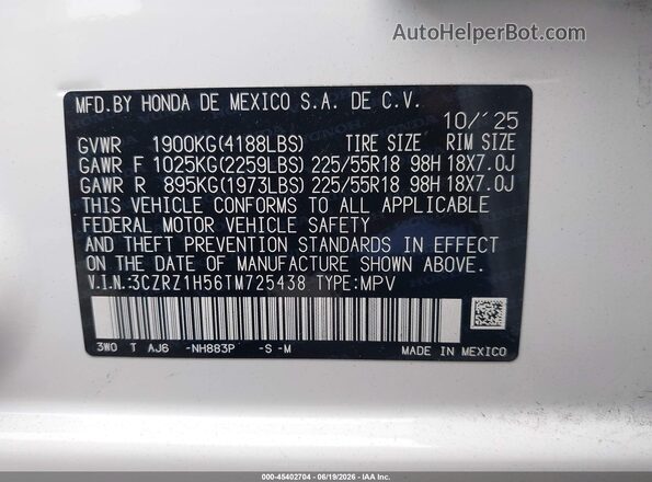 3CZRZ1H56TM725438 2026 HONDA HR-V White ძრავის განყოფილების ხედი