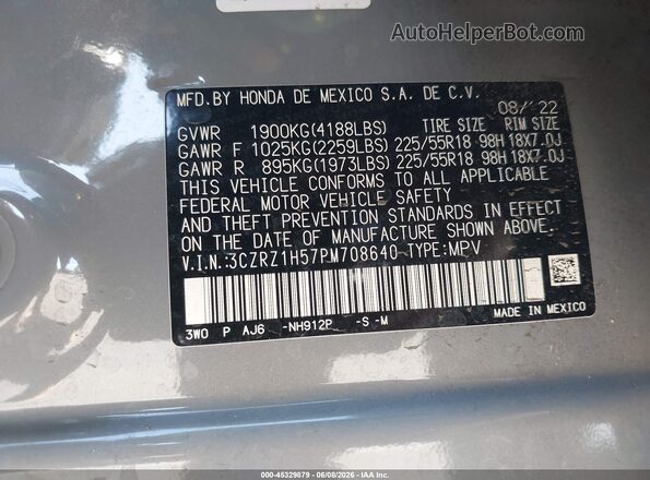 3CZRZ1H57PM708640 2023 HONDA HR-V Gray 