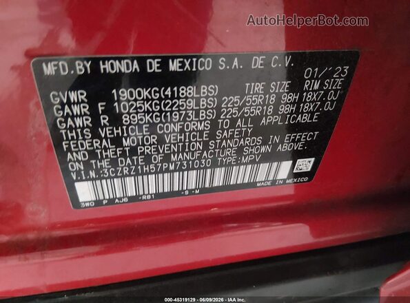 3CZRZ1H57PM731030 2023 HONDA HR-V Red Շարժիչի բաժամունքի տեսք