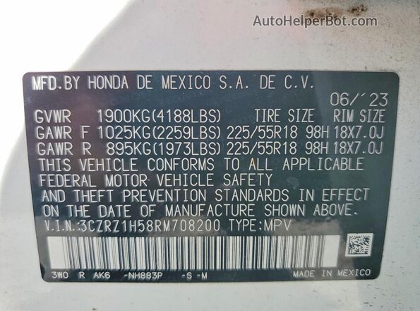 3CZRZ1H58RM708200 2024 HONDA HR-V White Vista de la etiqueta del VIN