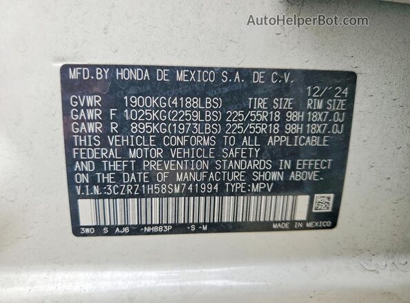 3CZRZ1H58SM741994 2025 HONDA HR-V White Панорамний вид салону 360°