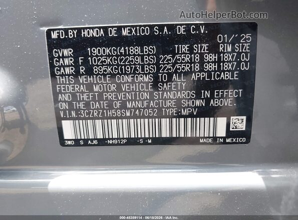 3CZRZ1H58SM747052 2025 HONDA HR-V Серый Вид подкапотного пространства