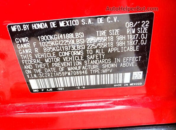 3CZRZ1H59PM708946 2023 HONDA HR-V Red 